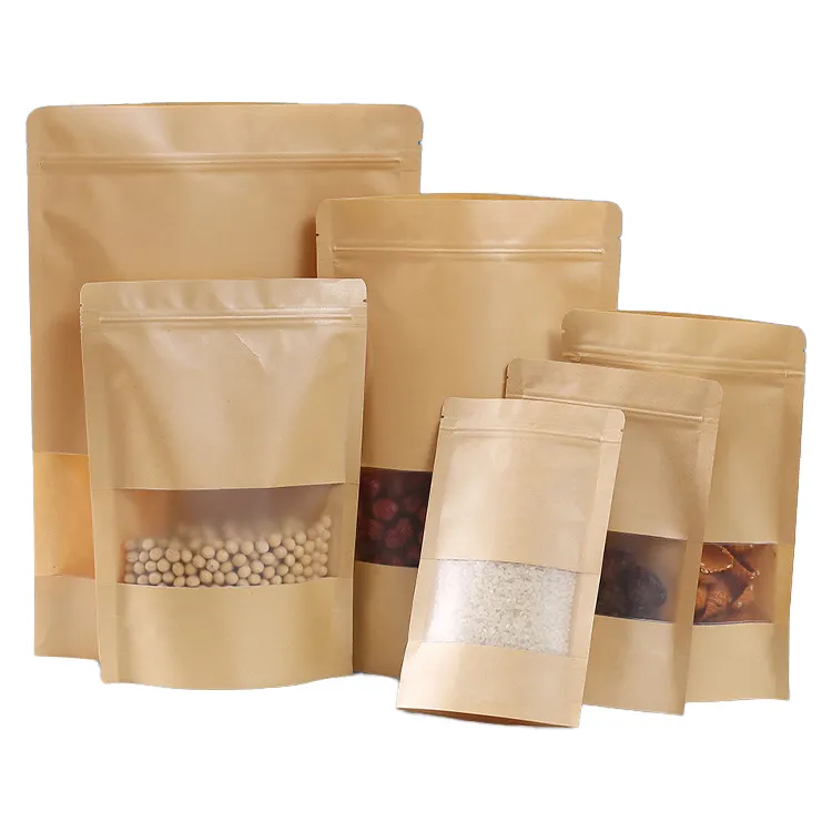 Food Grade OEM Tea Bag Custom Printed Stand Up Pouch Ziplock Brown Kraft Paper Bag With Windows